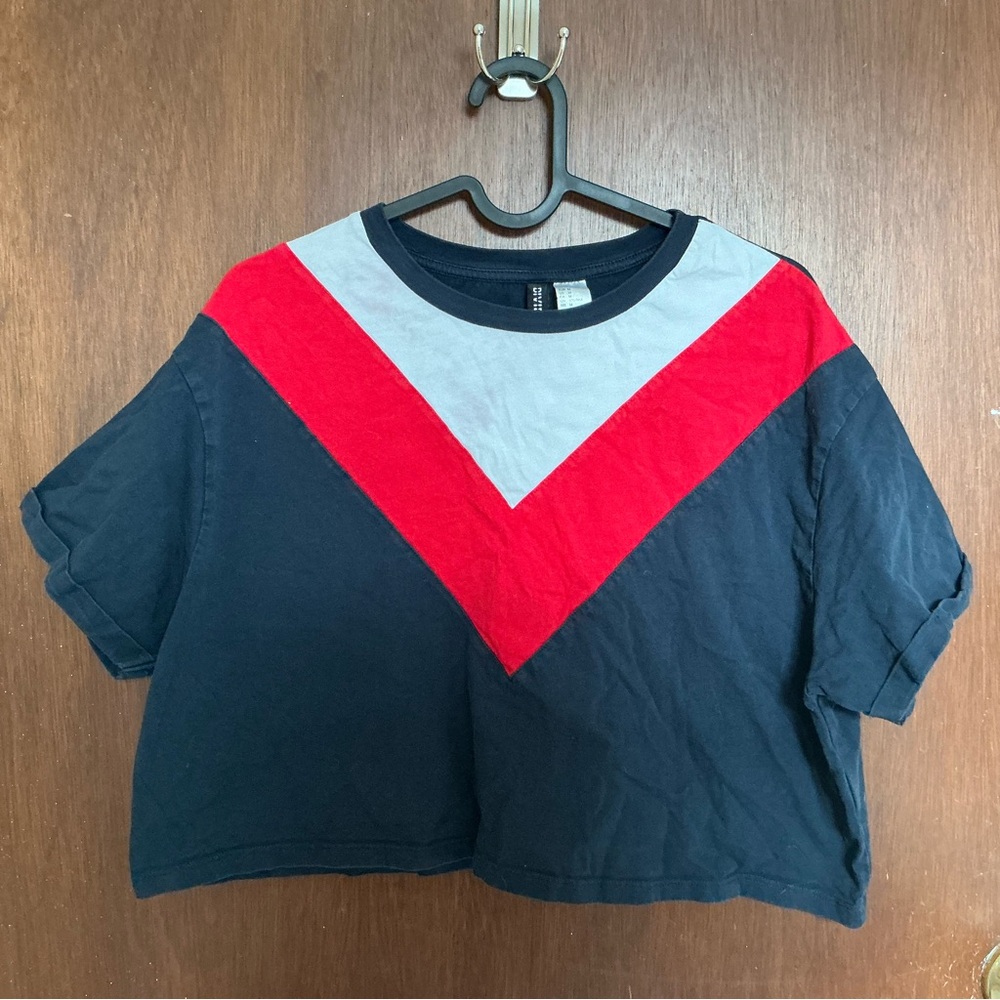 Divided Navy Tee with Red and White Colorblocking